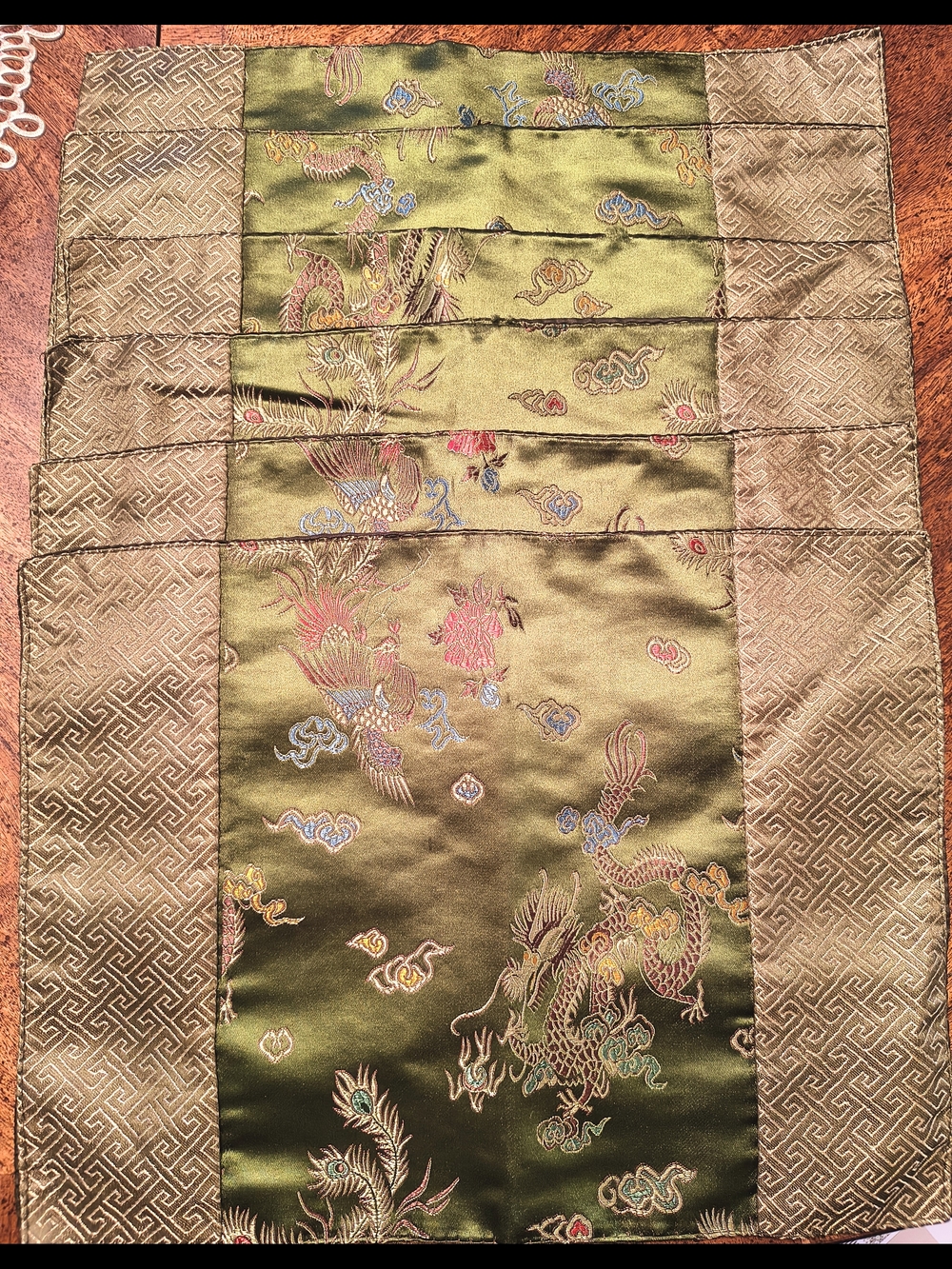 Set Of 6 Chinese Silk Placemats, Dragon And Phoenix Design